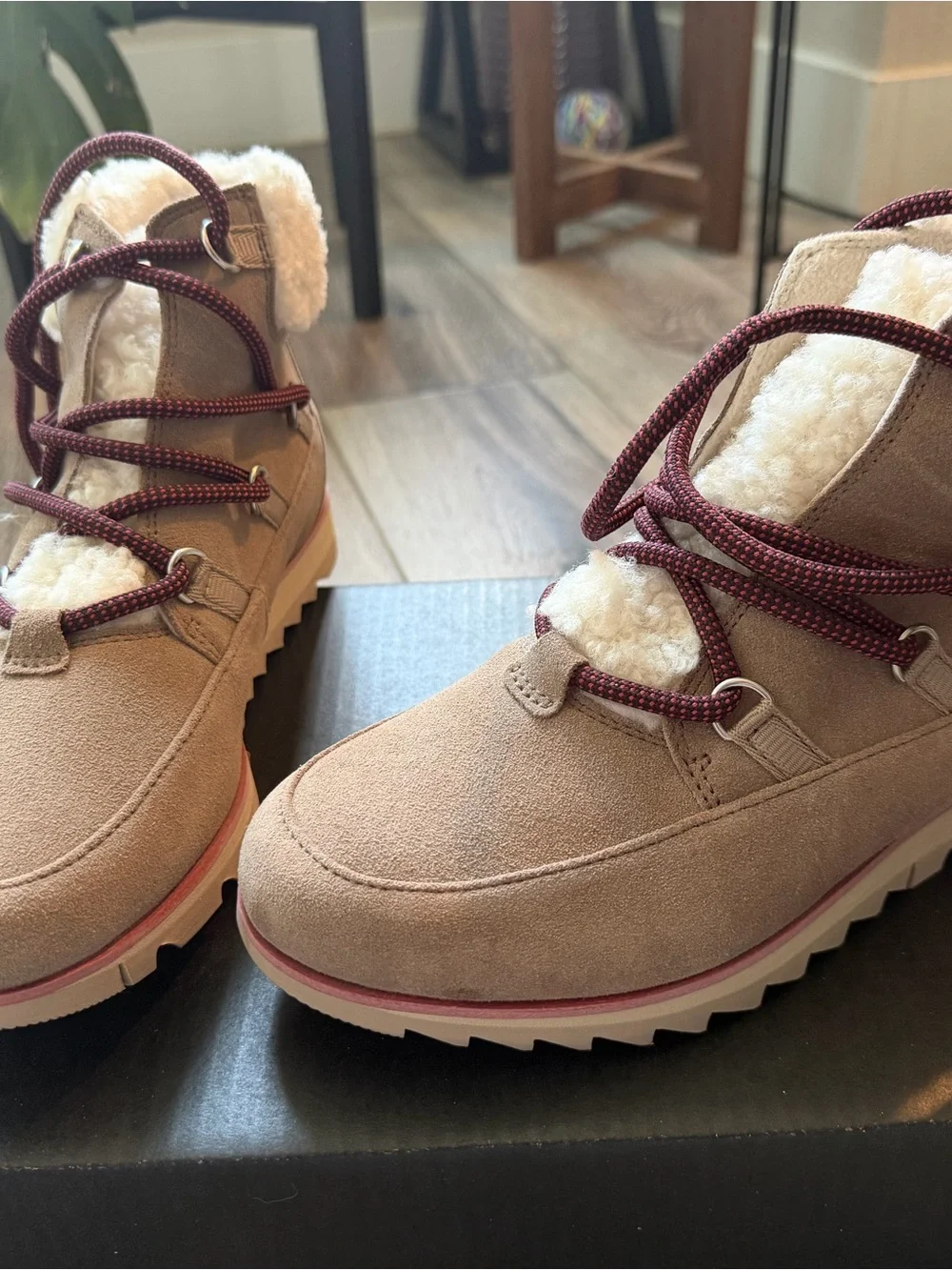 Sorel Tan Suede Winter Boots with Burgundy Laces